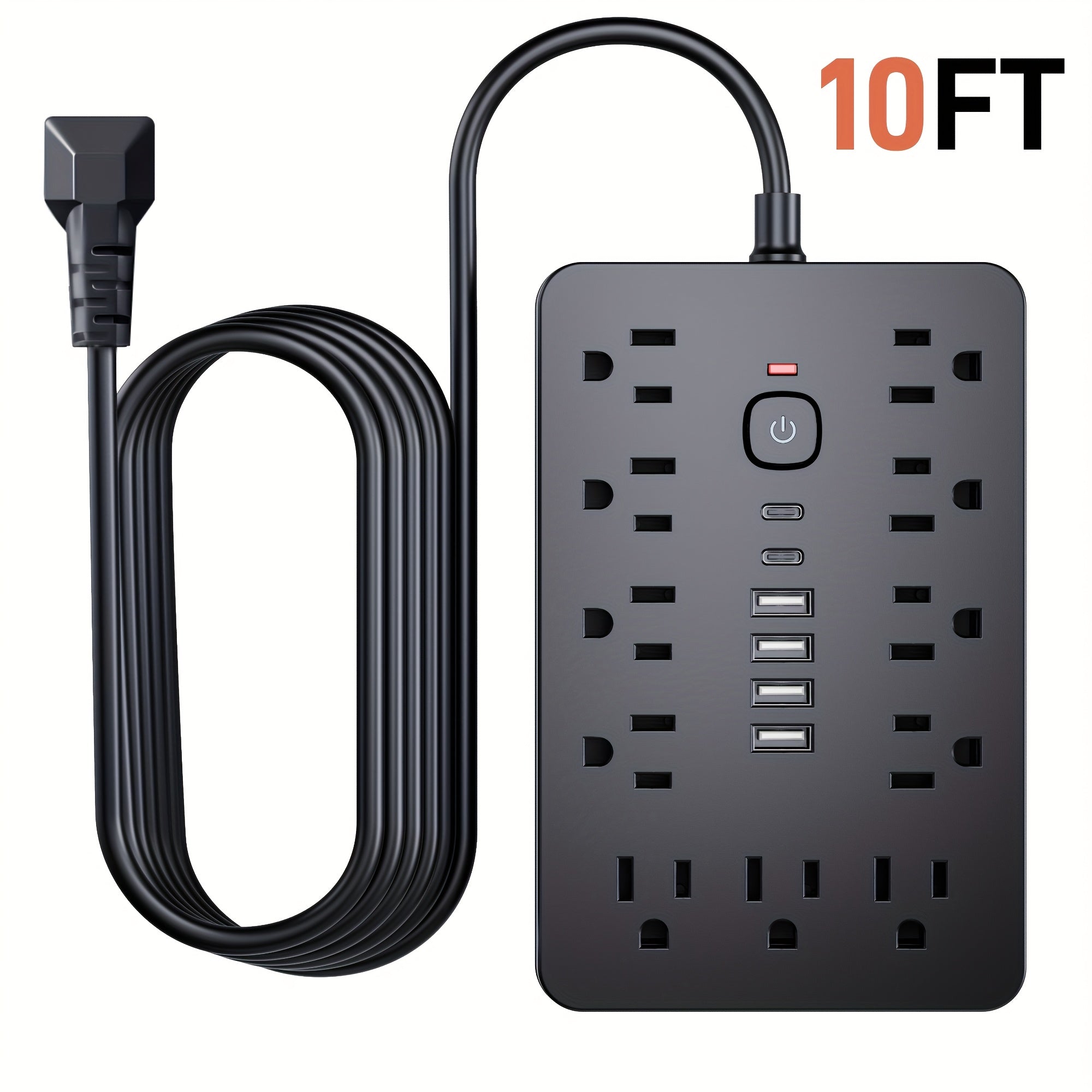 TEMU 1pc Protector Power Strip With 11 Ac Outlets, 4 Usb- Usb-c Ports And Switch, 5ft-10ft Extension Cord, Desktop Charging Station With Protection,