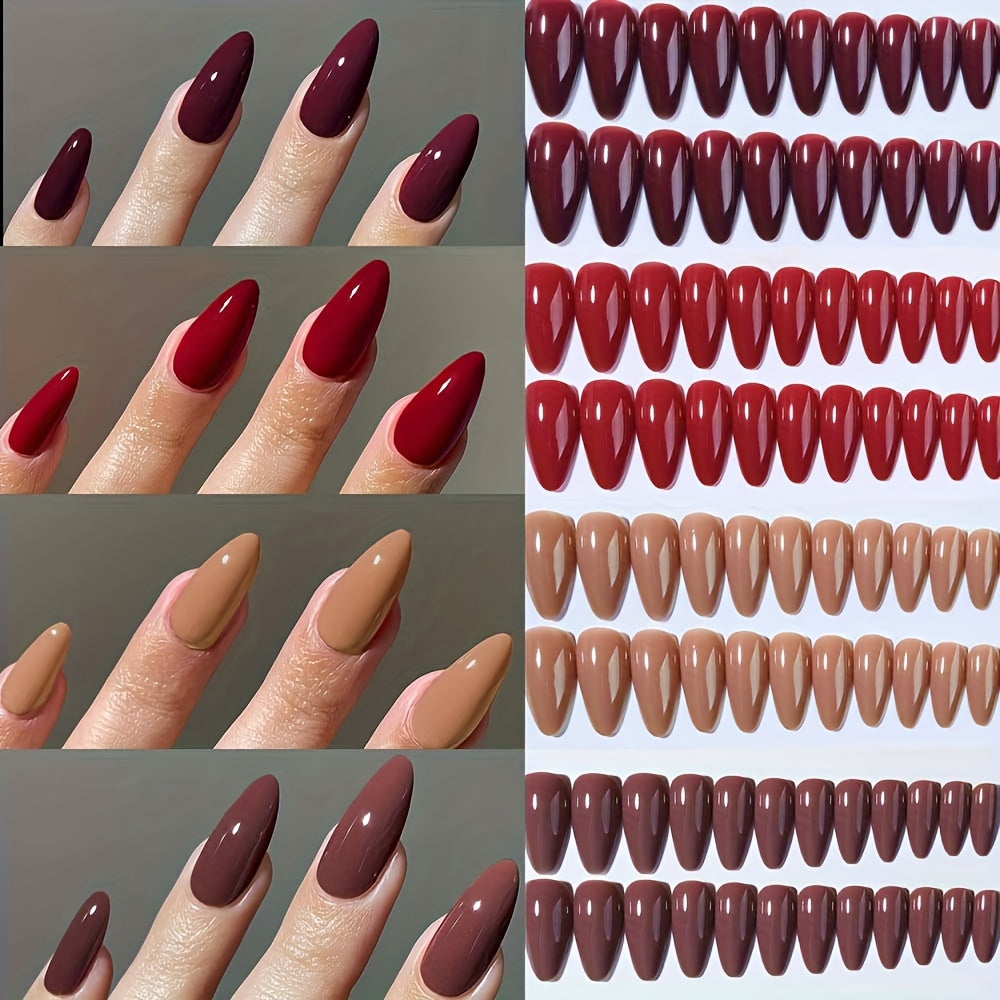 TEMU 96pcs--long Almond Shaped Fake Nails Set, Full Coverage Solid Color Glossy Stickers Combo, Removable And Reusable Press-on False Nails For Women