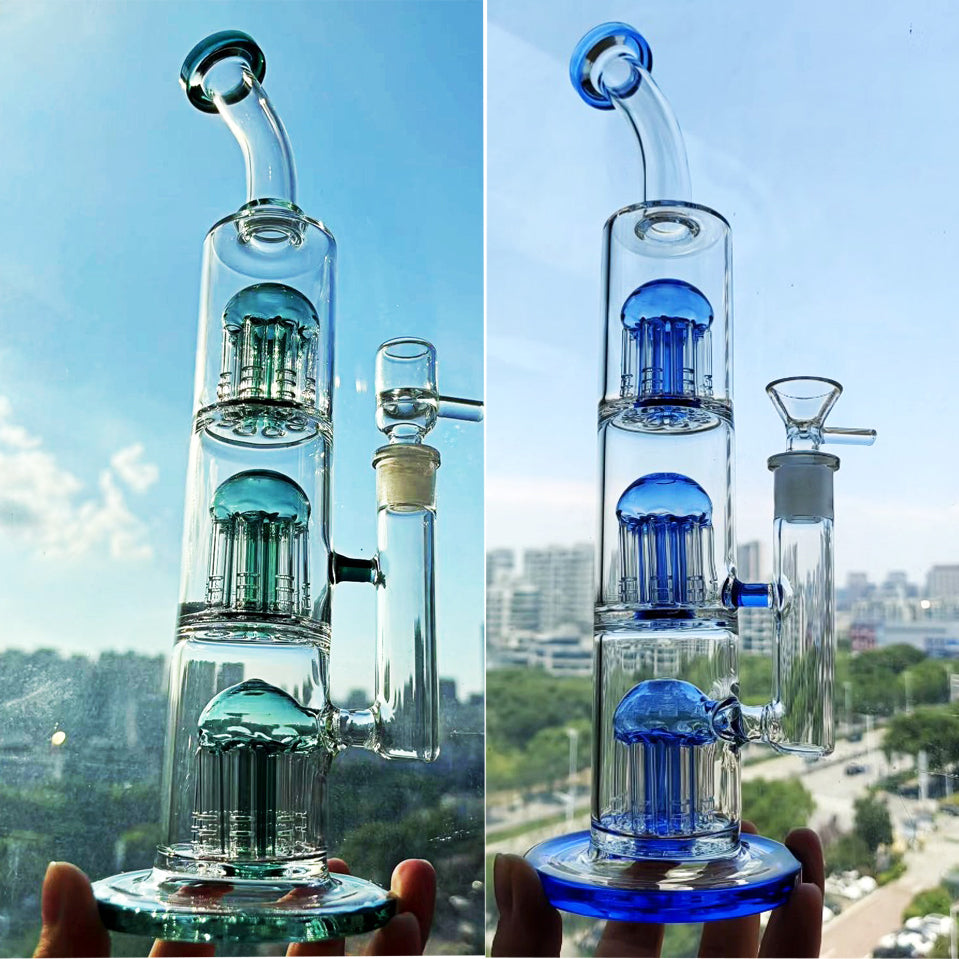 Double Arm Tree Perc Glass Bong Water Pipes Green Glass Dab Rigs Bubbler Recycler Dabber Water Bongs With 14mm Banger