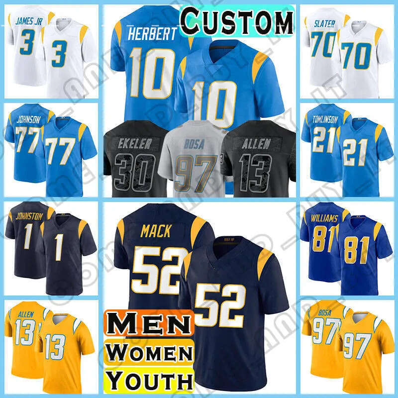 10 Justin Herbert Football Jerseys Derwin James Jr Khalil Mack Joey Bosa Los Angeleses Chargers Keenan Allen Austin Ekeler Quentin Johnston J.C. Jac