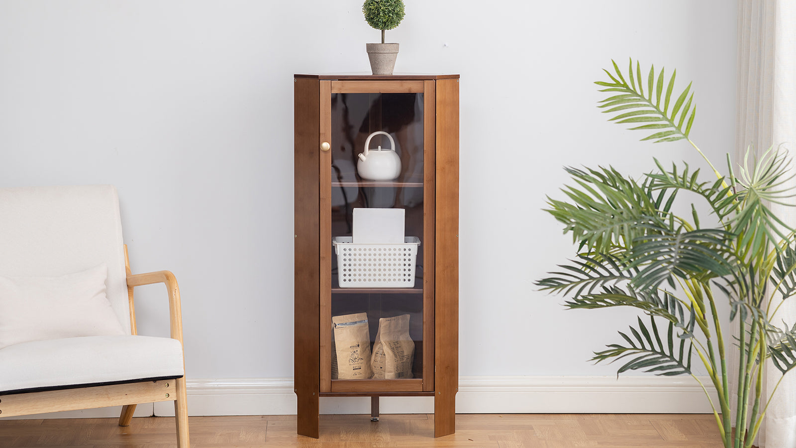 Maydear Corner Display Shelf with Doors: Bamboo Bookshelf 3 tier