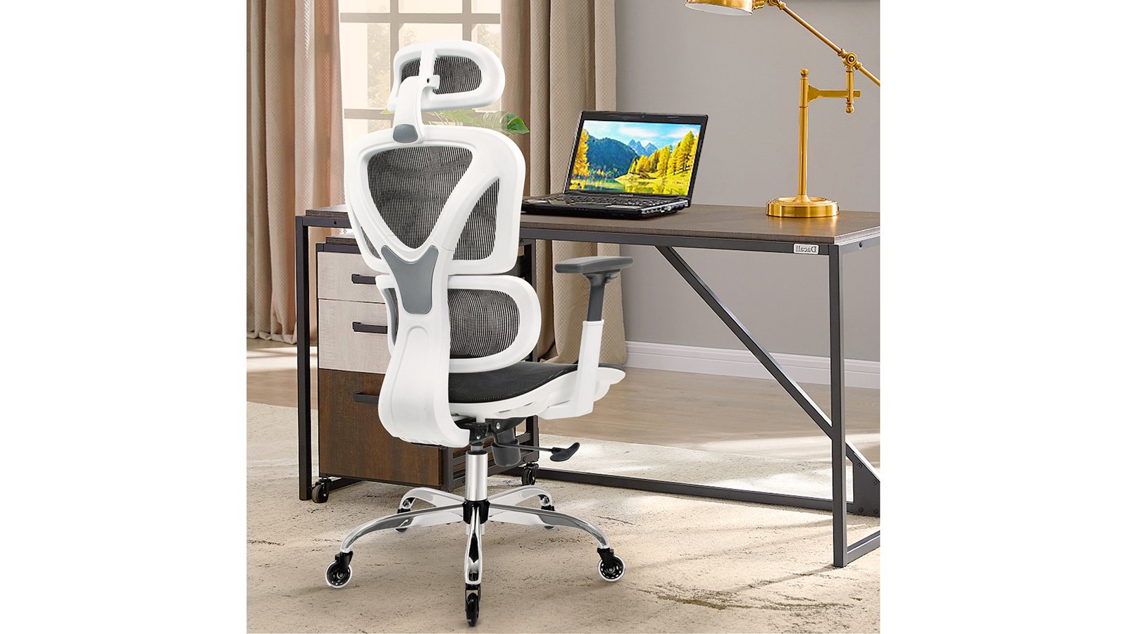 KERDOM FelixKing Ergonomic Chair: Double Lumbar Support White - SF-Silver Round Stand & Firewheels