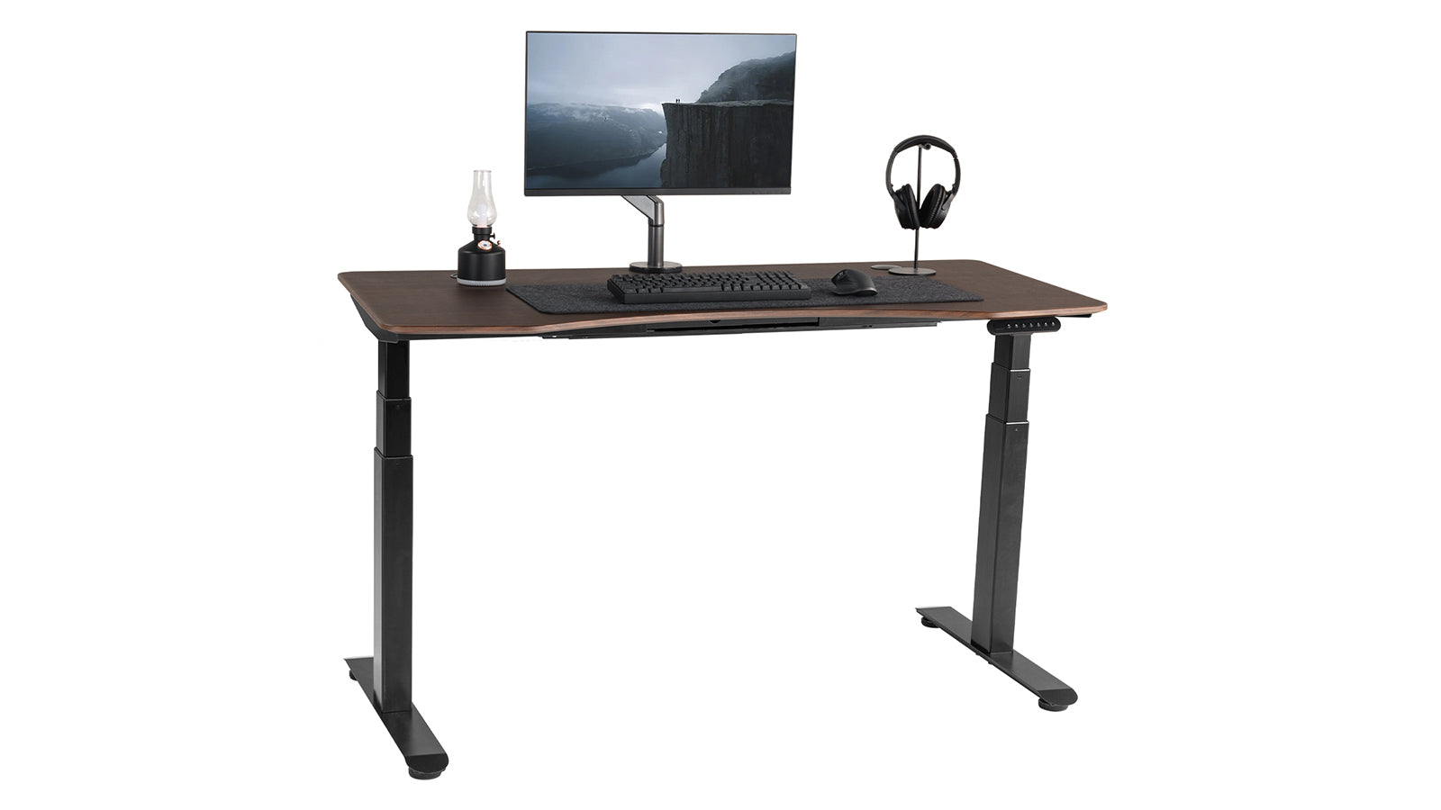 FinerCrafts Standing Desk: Curved Top, Extended Range English Walnut - 55'' x 28'' Classic - Black