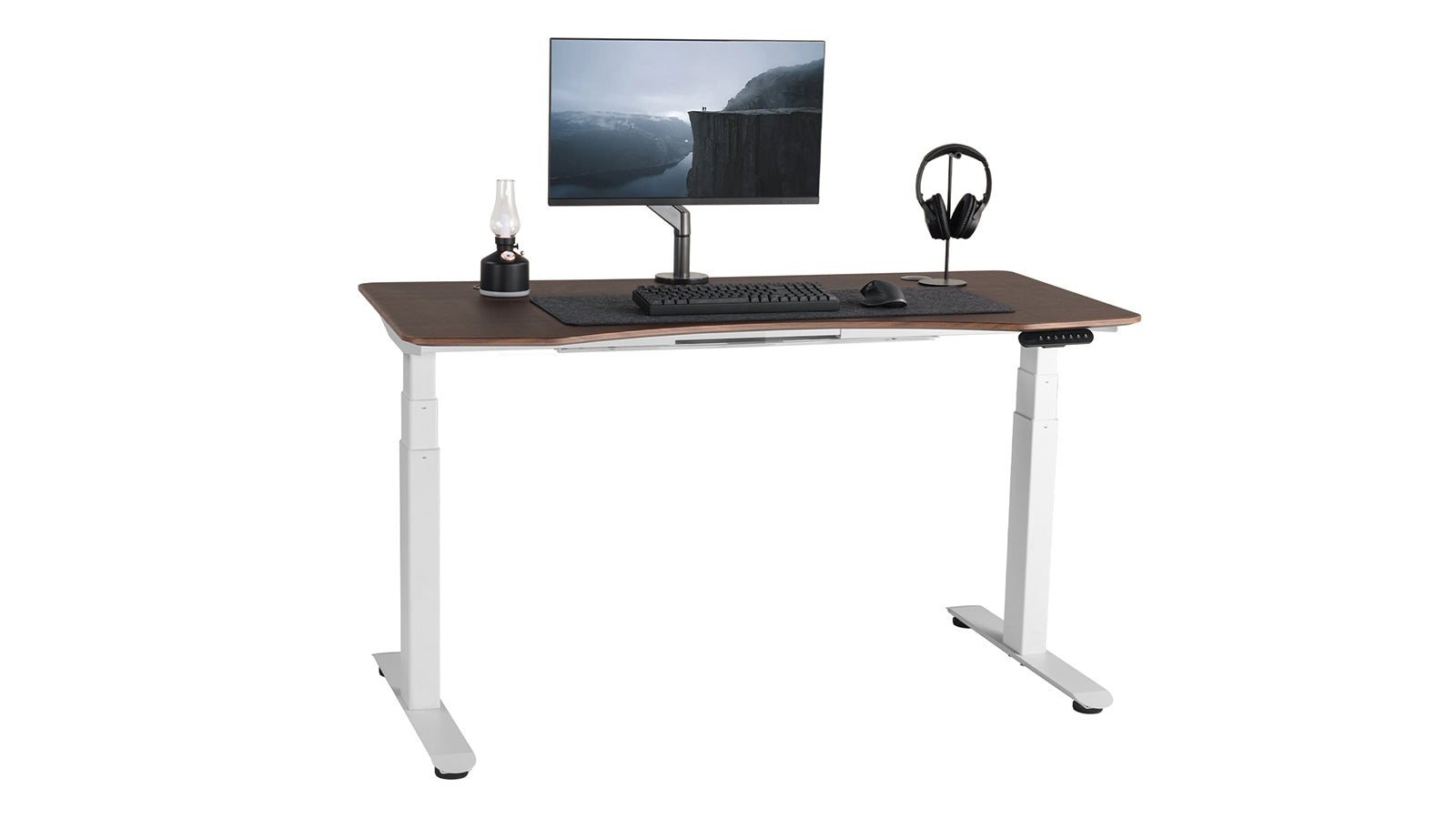 FinerCrafts Standing Desk: Curved Top, Extended Range English Walnut - 55'' x 28'' Classic - White