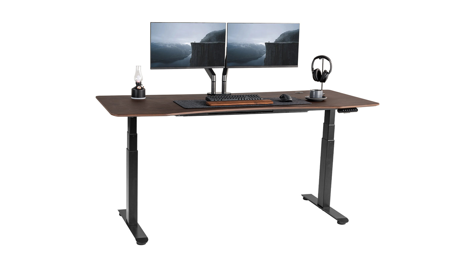FinerCrafts Standing Desk: Curved Top, Extended Range English Walnut - 71'' x 32'' XL - Black