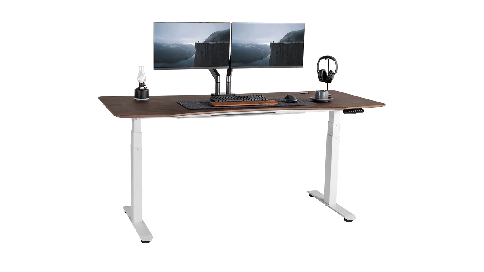 FinerCrafts Standing Desk: Curved Top, Extended Range English Walnut - 71'' x 32'' XL - White