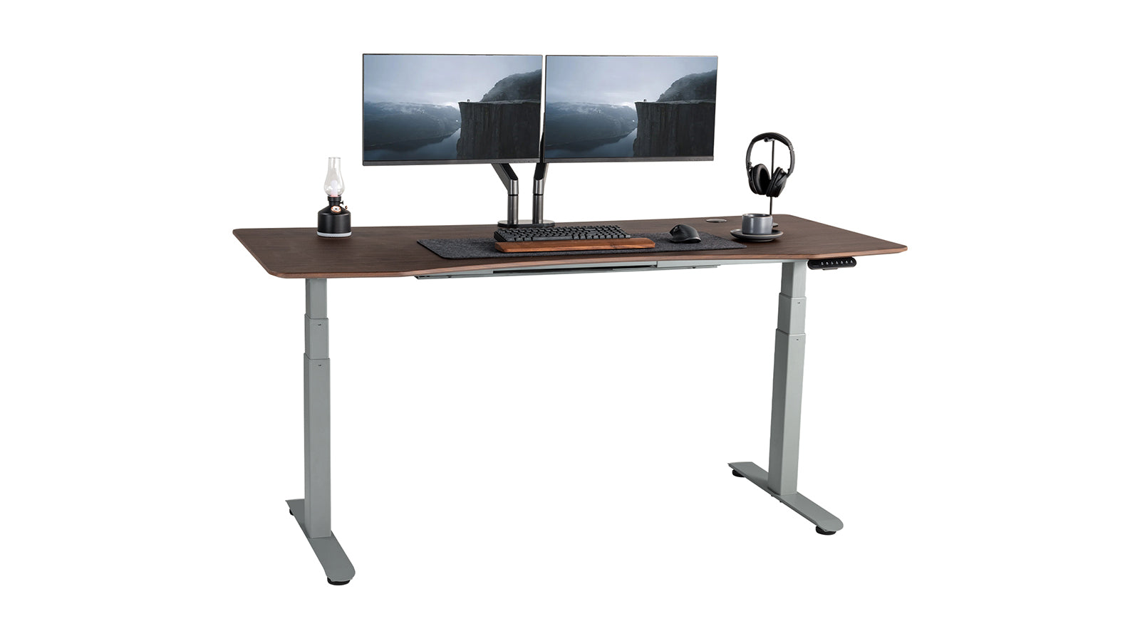 FinerCrafts Standing Desk: Curved Top, Extended Range English Walnut - 71'' x 32'' XL - Gray