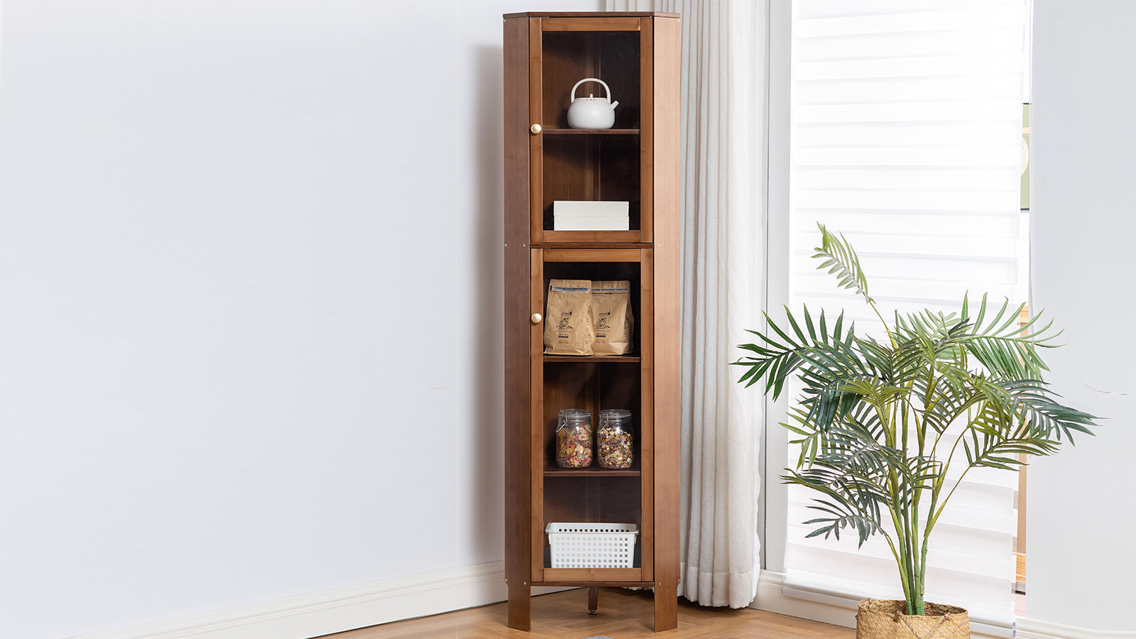 Maydear Corner Display Shelf with Doors: Bamboo Bookshelf 5 tier