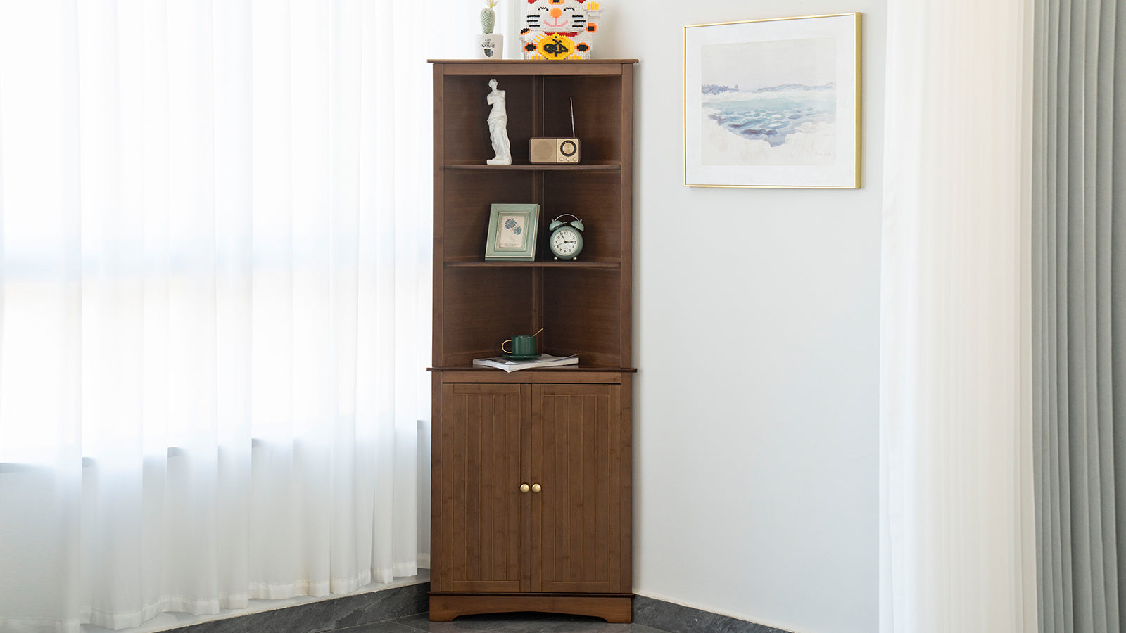 Maydear 5 tier Corner Display Shelf with Doors: Bamboo bookshelf