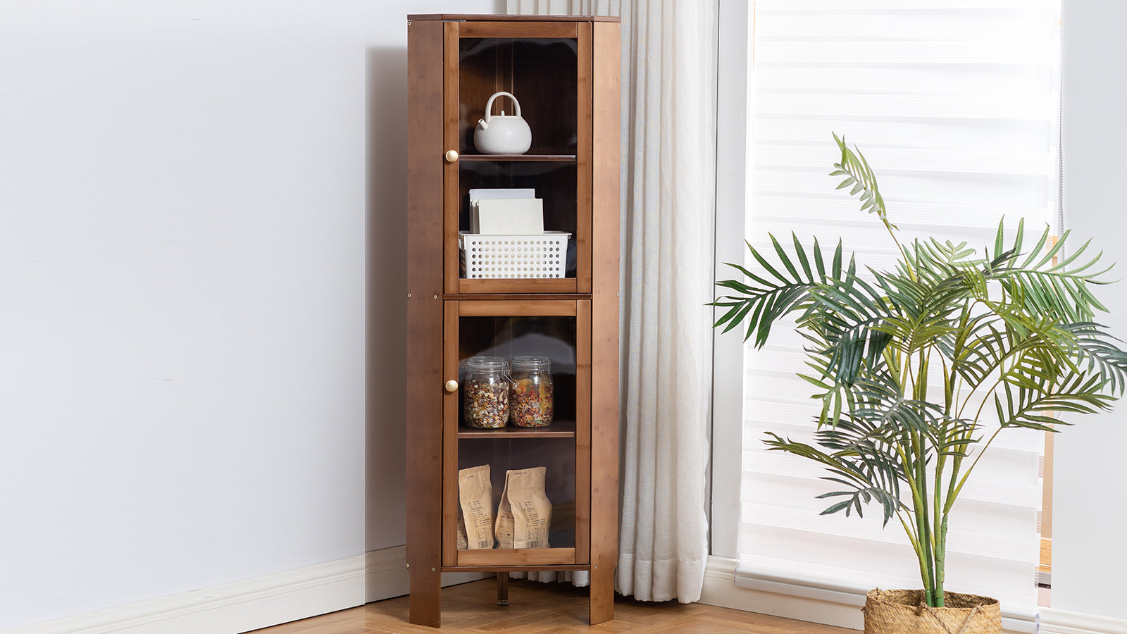 Maydear Corner Display Shelf with Doors: Bamboo Bookshelf 4 tier