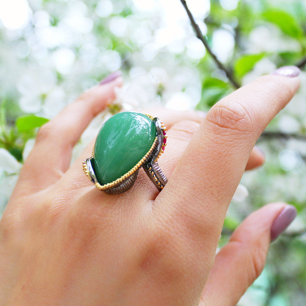 2019 vintage ring Big water drop green stone Luxury jewellery best gift for mom high quality elegant jewelry rings for women