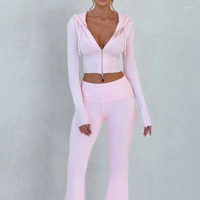 Women&#039;s Two Piece Pants Fashion Women Ribbed Knit 2 Outfits Long Sleeve Zipper-Up Slim Fit Hooded Crop Top Elastic Set Tracksuits