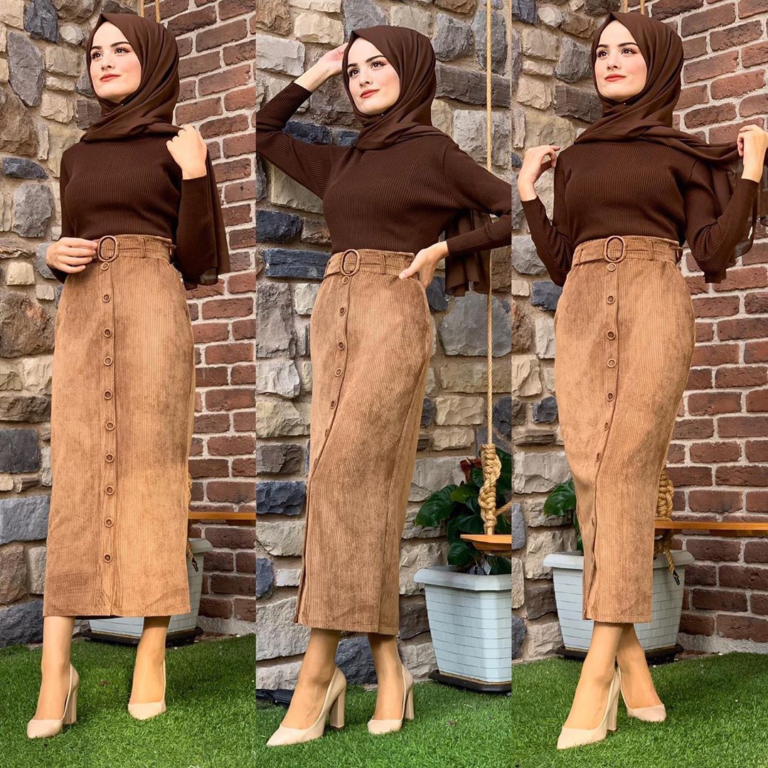 Turkey Muslim Corduroy Pencil Skirt Belt Middle East Dubai Women High Waist Bodycon Slim Long Skirts Islamic Clothing Indonesian