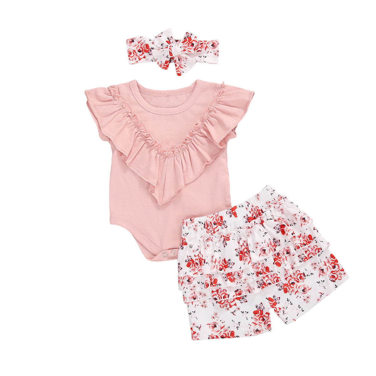 0-24M Lovely Infant Baby Girls Clothes Sets Ruffles Short Sleeve Solid Romper Flowers Shorts Headband