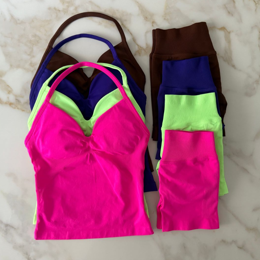 2Pcs Gym Set Women Sports Backless Tank Tops Longline Vest High Waist Scrunch Seamless Shorts Gym Suit Fitness Clothes Activewear Workout Sets Yoga