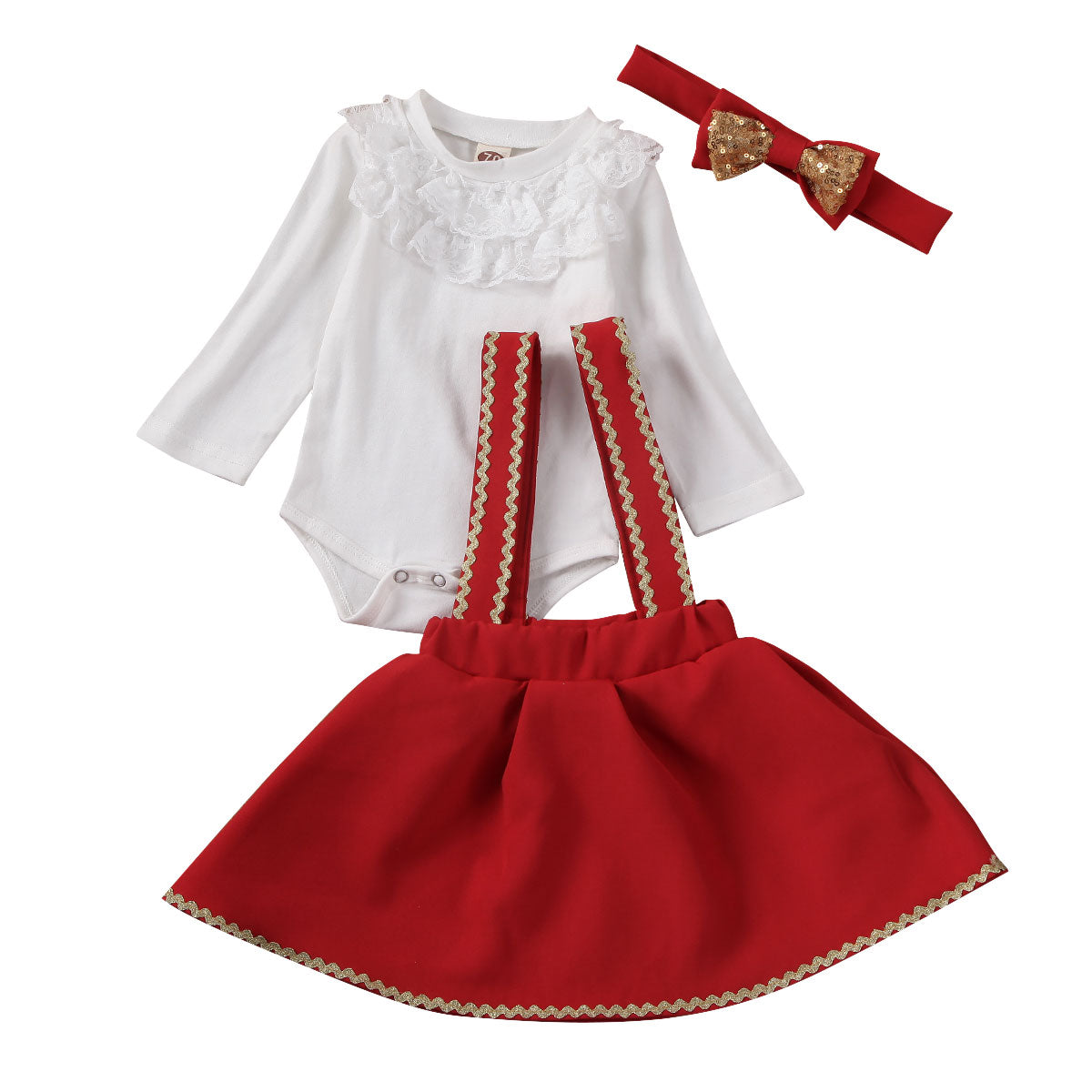 Christmas Infant Baby Girl Clothes Sets Long Sleeve Ruffle Lace Romper Tutu Strap Dress Headband Outfit 0-18M