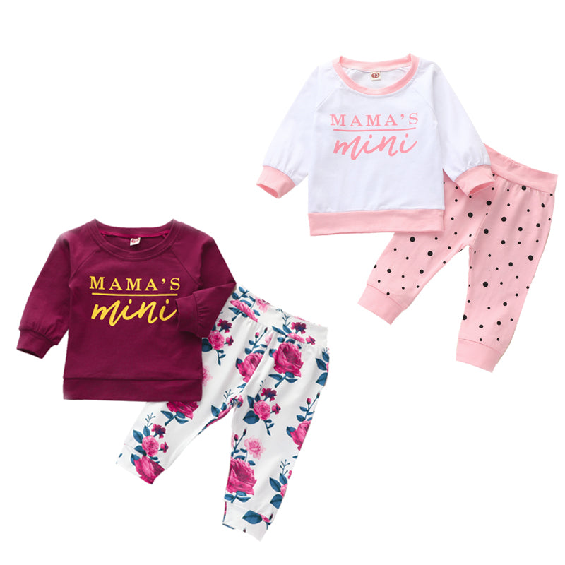 0-24M Infant Baby Girl Clothes Sets Letter Flowers Long Sleeve Pullover Tops+Ruffles Pants 2pcs