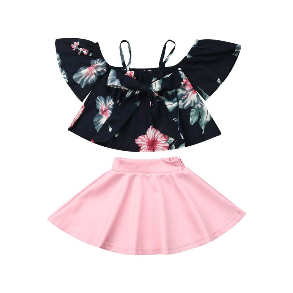 Fashion Kids Baby Girls Clothes Sets Short Sleeve Flower Off Shoulder Tops+Pink A-Line Skirts Outfit Clothes Set