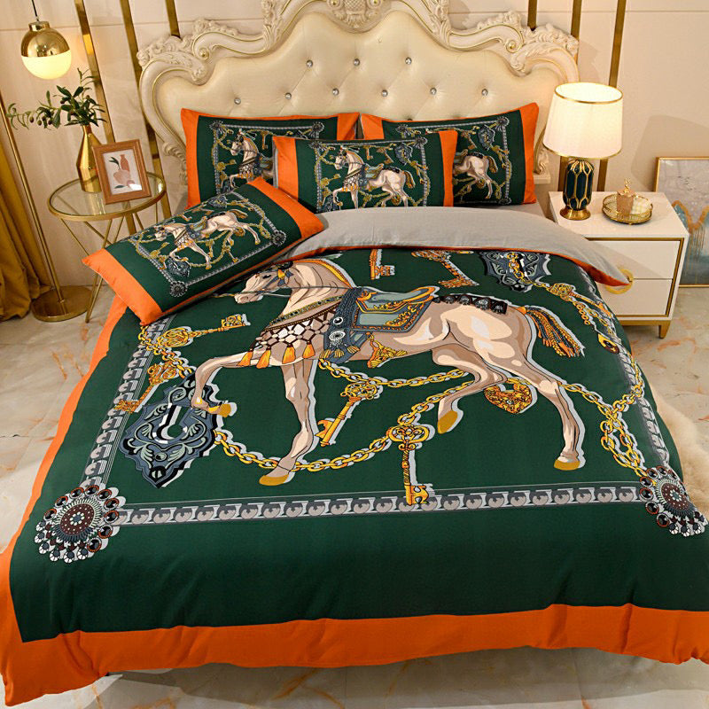 Bedding sets Luxury orange king designer bedding sets cotton horse printed queen size duvet cover bed sheet fashion pillowcases comforter set