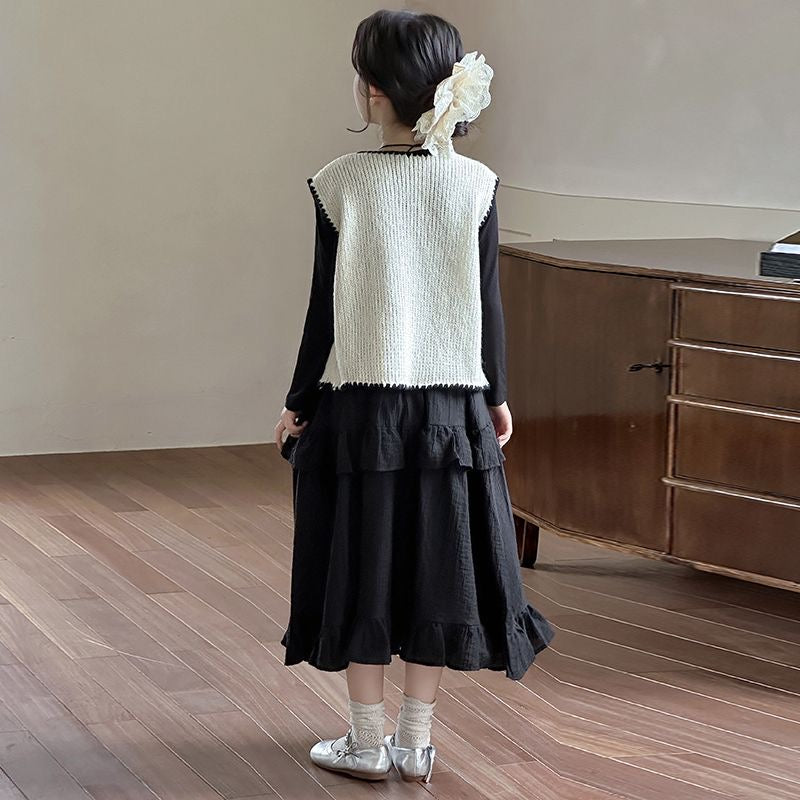 D394 Girls dress 2025 hot style checkerboard cotton princess dress girls French retro bubble two-piece dress