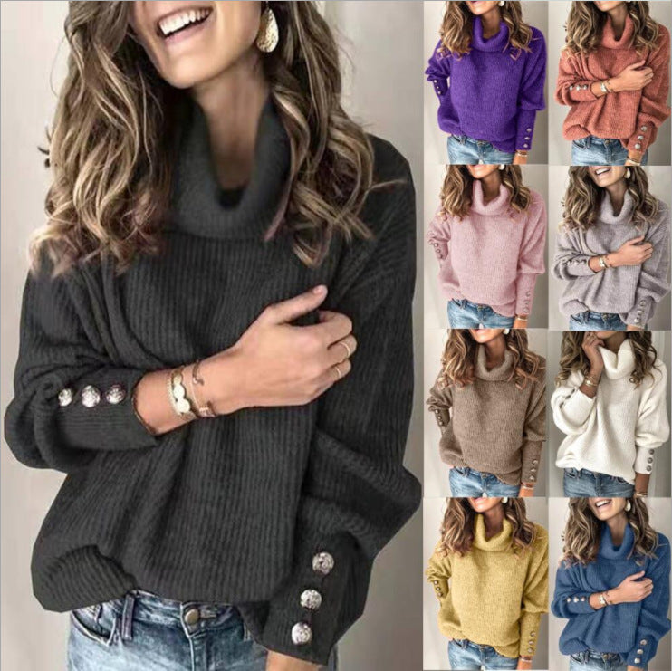 2020 Cross-Border European and American Womens Clothing deng long xiu Button Casual Turtleneck Base Knitting Sweater Top