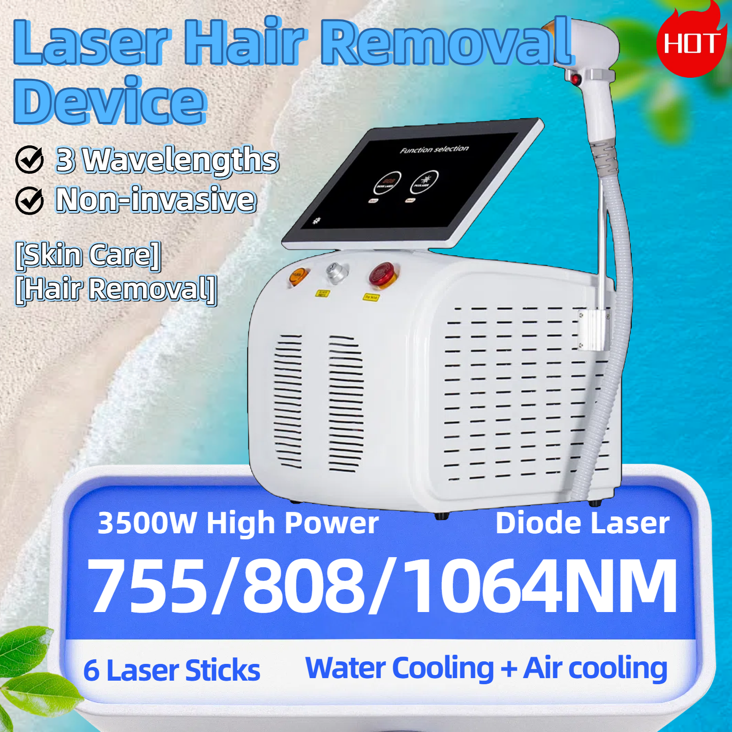 808nm Diode Laser Hair Removal 755-808-1064nm 3 Wavelengths Pain-free Hair Removal And Skin Rejuvenation 3500W 6 Laser Sticks Permanent Ice Cool Rem