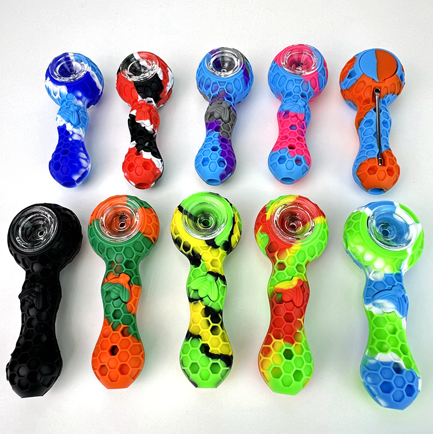 4.2 inch Water pipe Bees Silicone Travel Tobacco Pipes Spoon Cigarette Tubes Glass Bong Dry Herb Accessories Smoking Pipe
