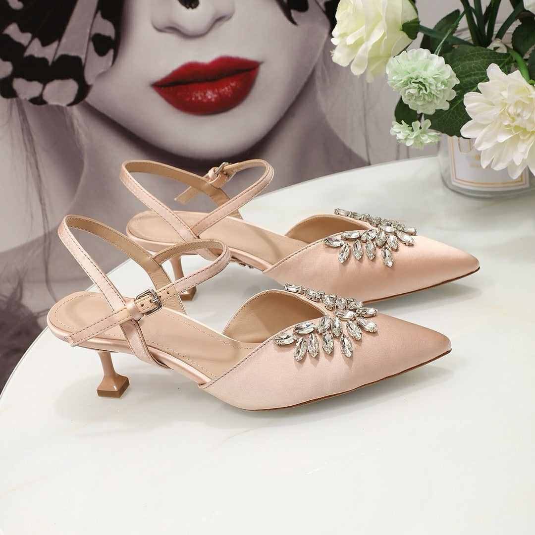 Summer Pointed Shoes Toe Slingback Sandals Womens European American Famous Silk Rhinestone Wine Glass Heel High Heels Wholesale Agent B7T55