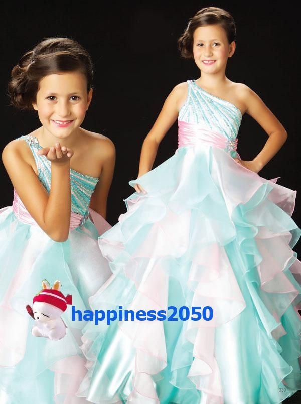 Lovely Green-Pink Organza One-Shoulder Beads Flower Girl Dresses Skirt-Pageant Dresses Custom Size 2 4 6 8 10 12 F117017