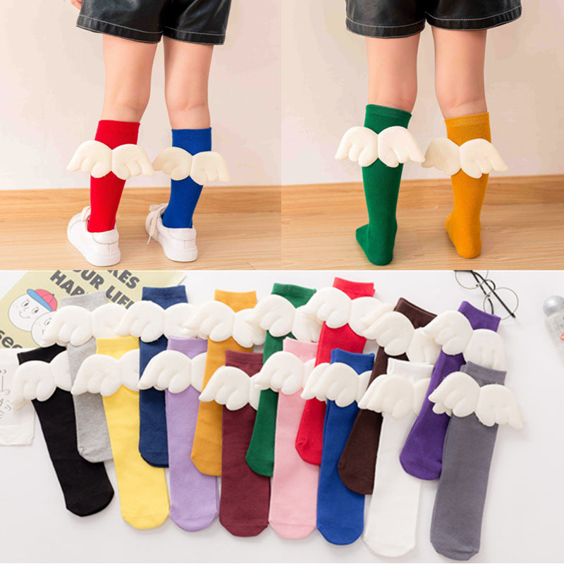 5 Pairs Socks Kids Girls Boys Cotton High Socks Cartoon White Angel wings Fashion Candy Color Baby Socks for Children Teen girls