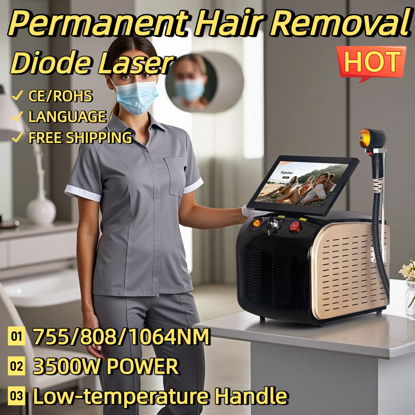 Best Depilator New Ice Platinum Cooling System Skin Care 808nm Diode Laser Hair Removal Machine 3-Wavelength 755-808-1064nm