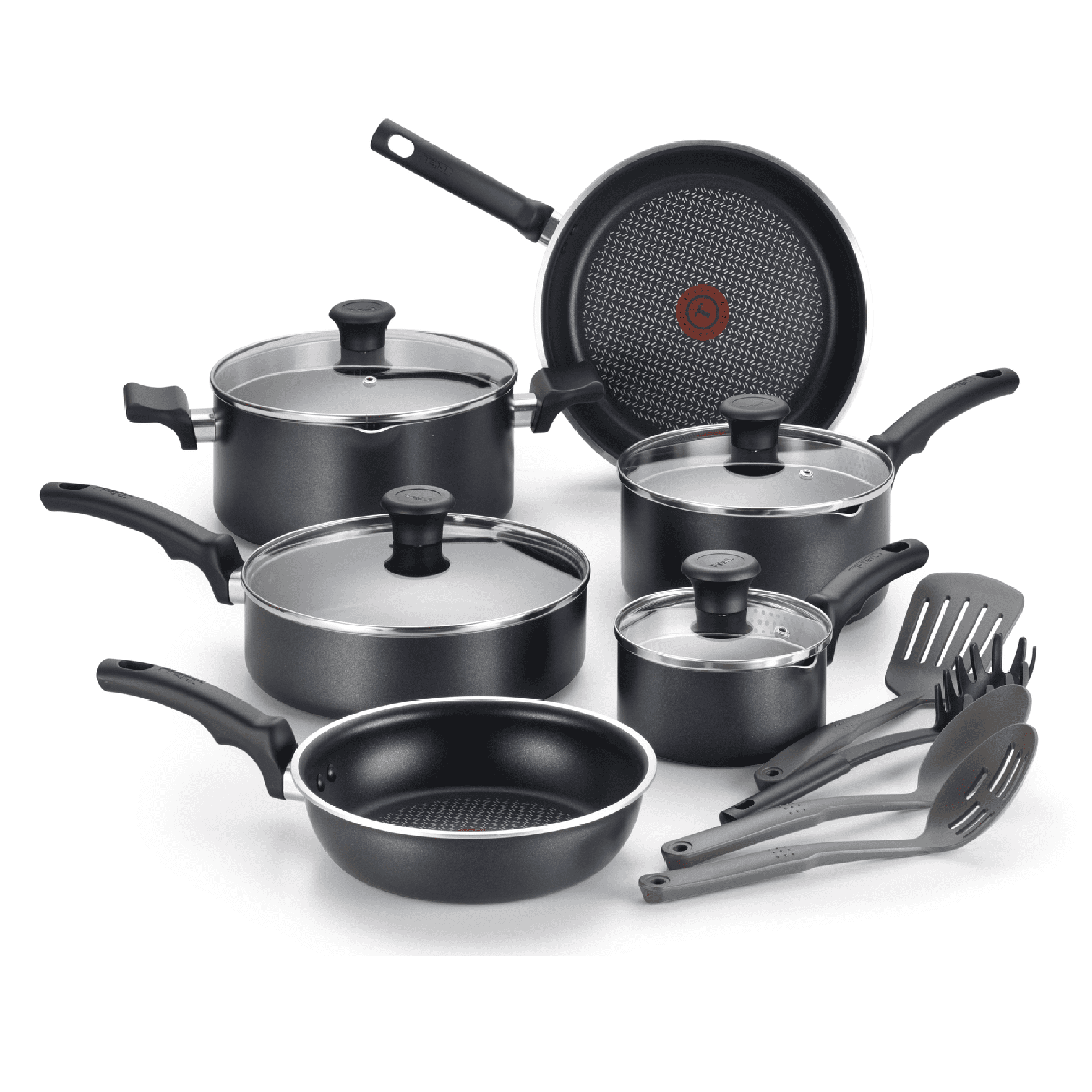 T-fal Cook Strain Nonstick Cookware Set 14 piece Set Black Dishwasher Safe