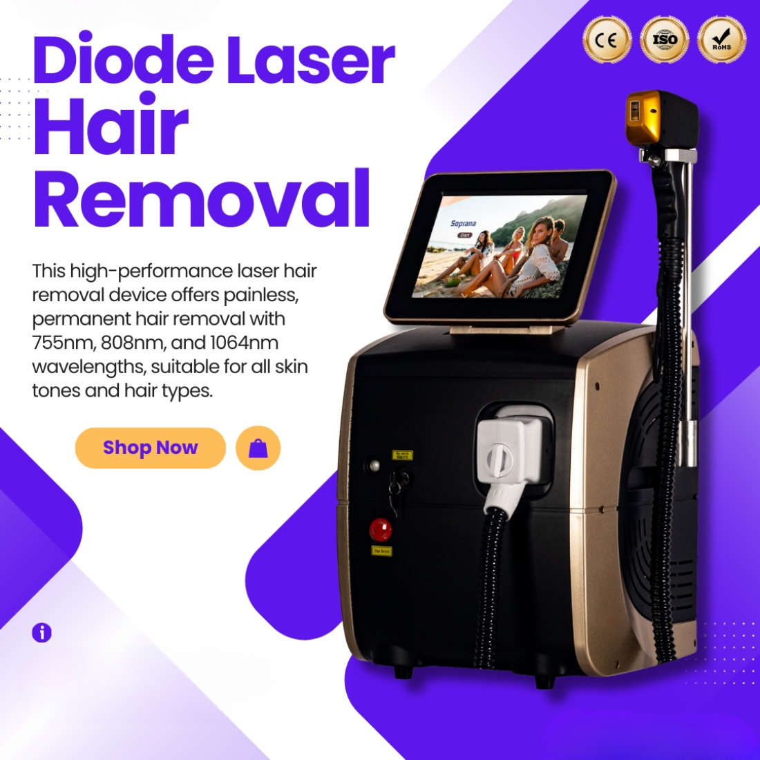 808nm Diode Laser Hair Removal Machine Best Results Alexandrit Permanent Cooling Head Painless Epilator 3 Wavelengths Suitable for home and beauty s