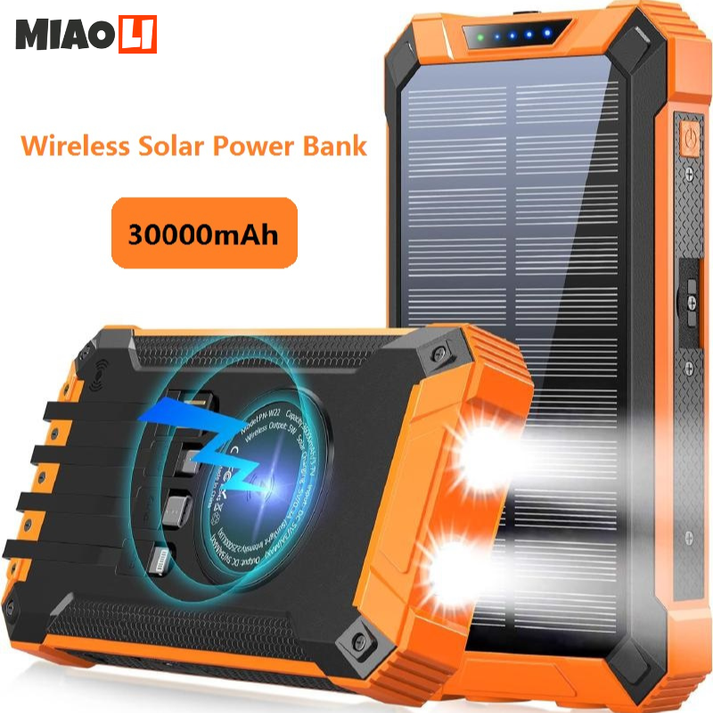 Wireless Solar Power Bank 30000mAh External Battery Charging Poverbank External Battery Charger LED Light for All Smartphones