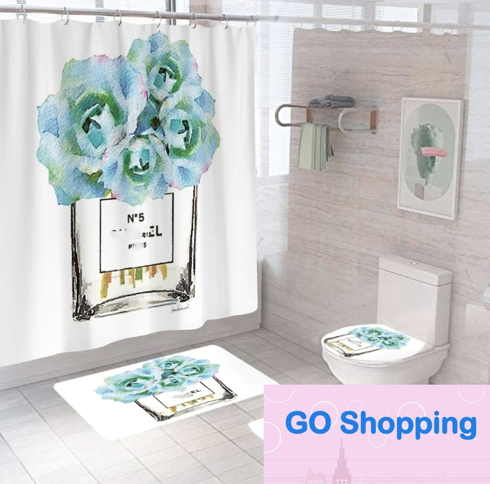 New Bathroom Sets Shower Curtain Set 4 Pieces a Set Waterproof Washroom Bath Curtains Lid Toilet Cover Mat NonSlip Pedestal Quatily All-matching