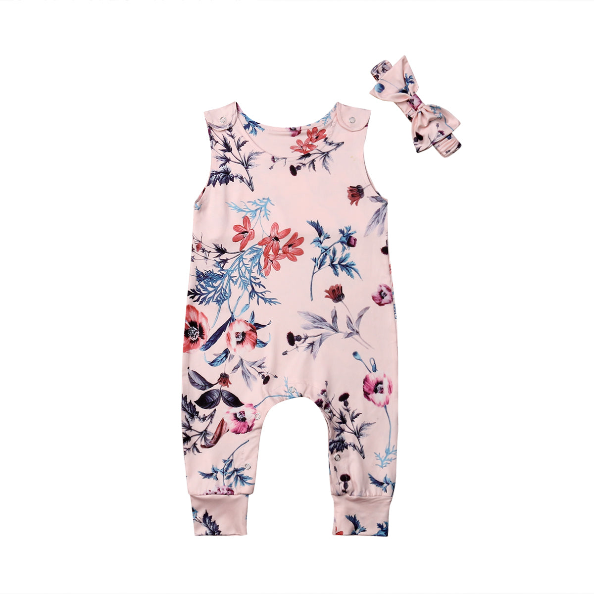 0-24M Newborn Infant Kids Baby Girls Boys Summer Romper Flowers Print Sleeveless Pink Jumpsuit Clothes