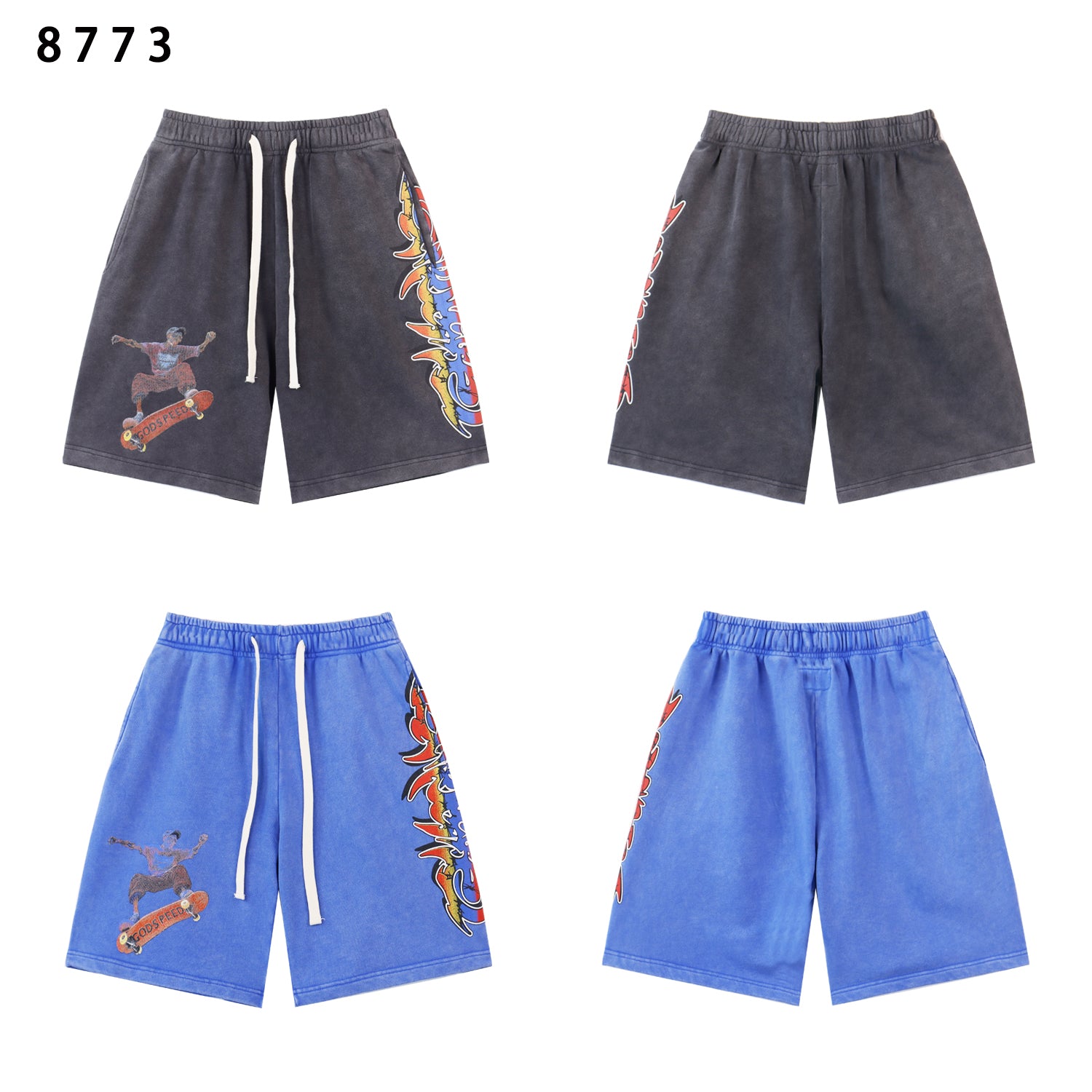 Godspeed Rock Street Retro Skateboarding Surfing Water Washed Printed Cotton Shorts for Men and Women Couple Streetwear