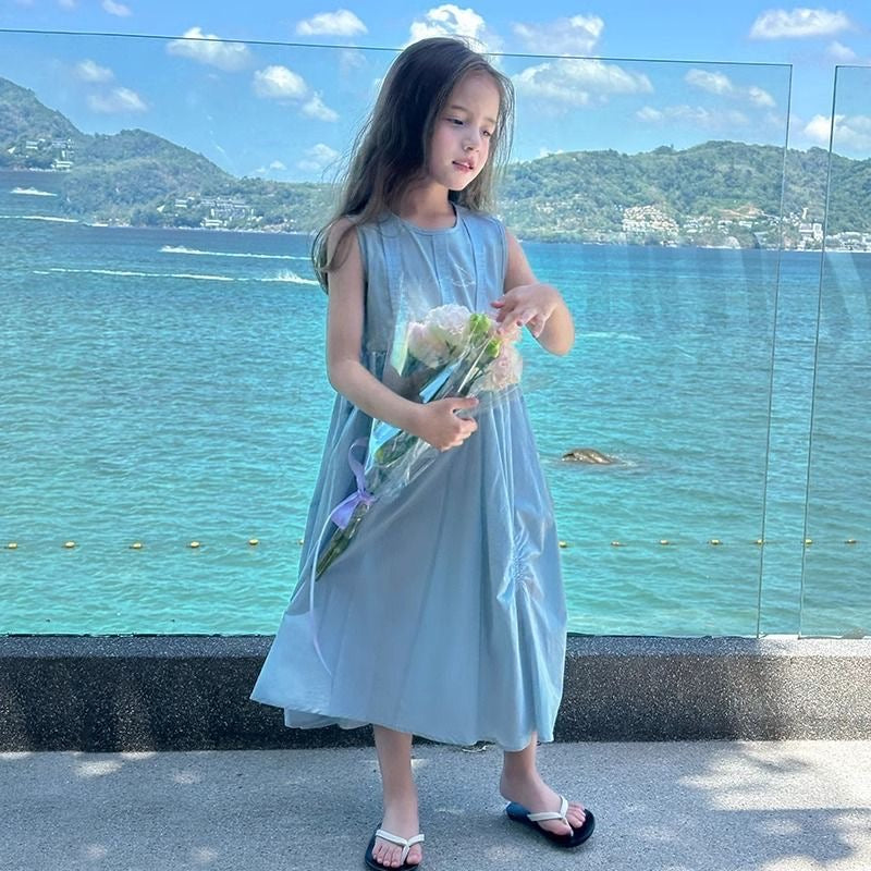 D44 Girls suspender dress sleeveless summer thin baby vest dress little girl lace stylish princess dress pure cotton