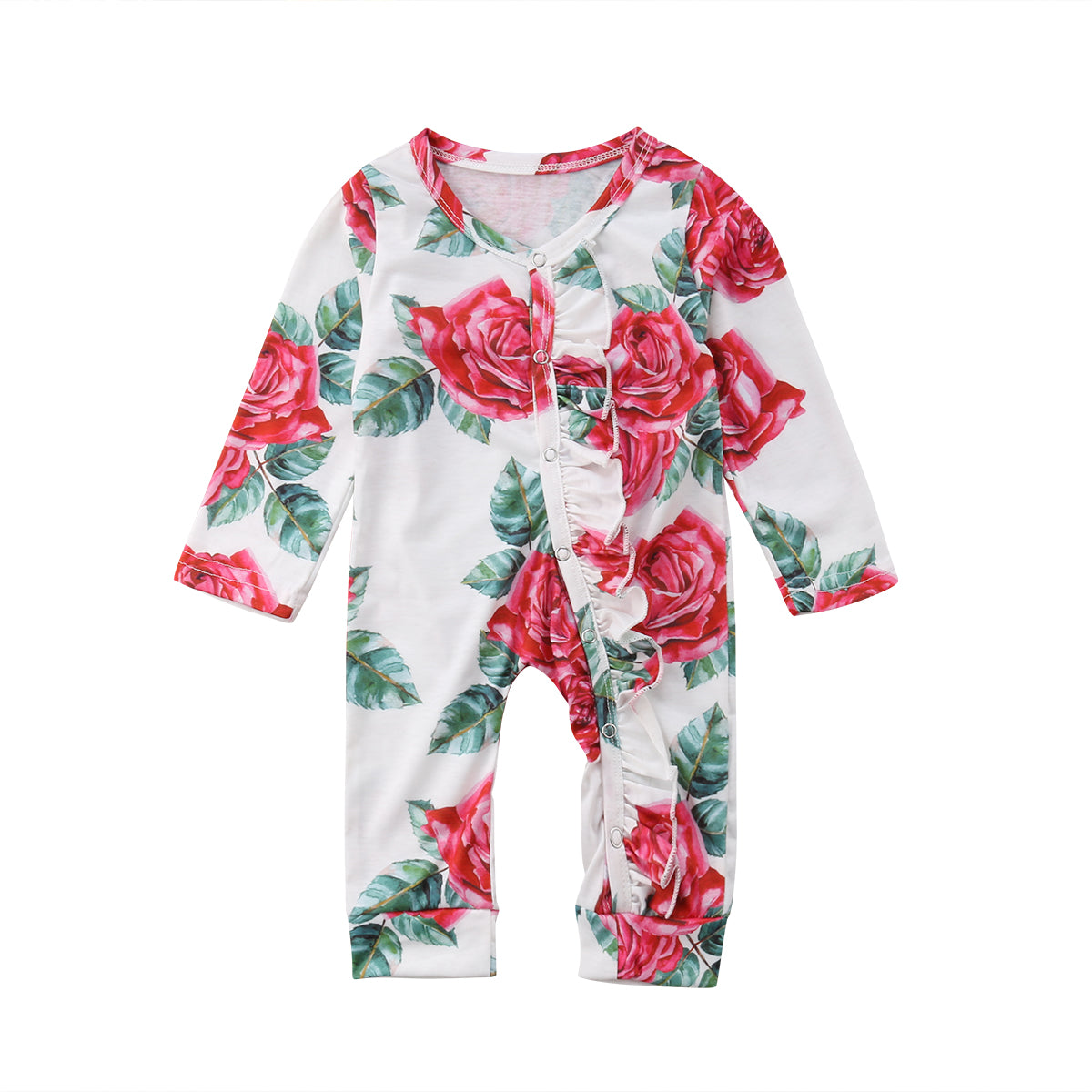 Newborn Infant Baby Girls 0-24M Romper Long Sleeve Ruffles Floral Print Single Breasted Jumpsuits Romper Spring Autumn Clothes