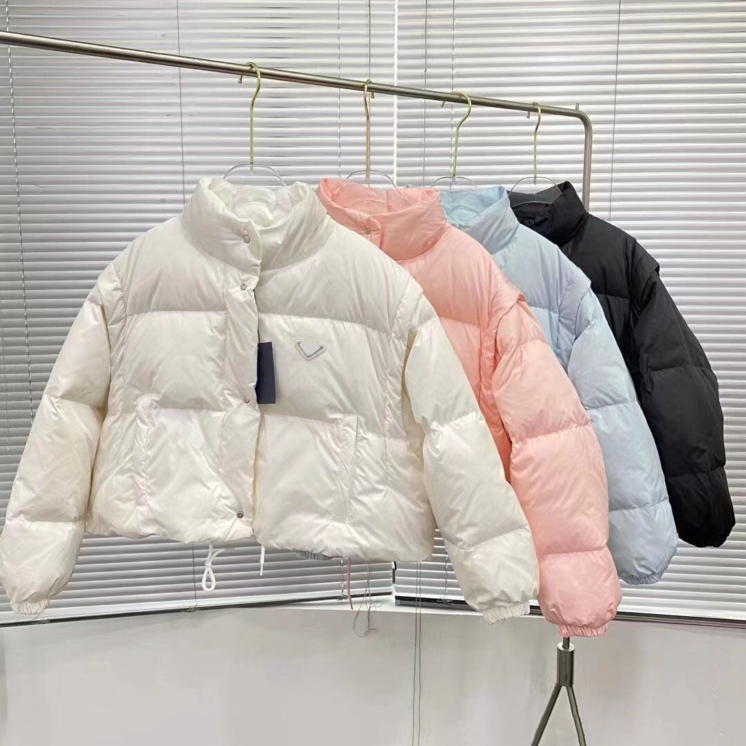 High quality designer women&#039;s outerwear, women&#039;s down jacket, detachable sleeves, triangular short down jacket, warm jacket