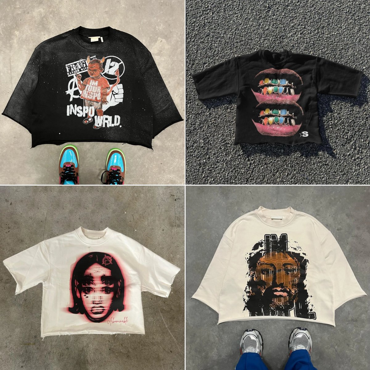 Men&#039;s T Shirts Blutosatire Boxy Haruku Hip Hop Character Graphic Printed Seven Quarter Sleeves Tops Gothic Retro Dark Green Shirt Mens