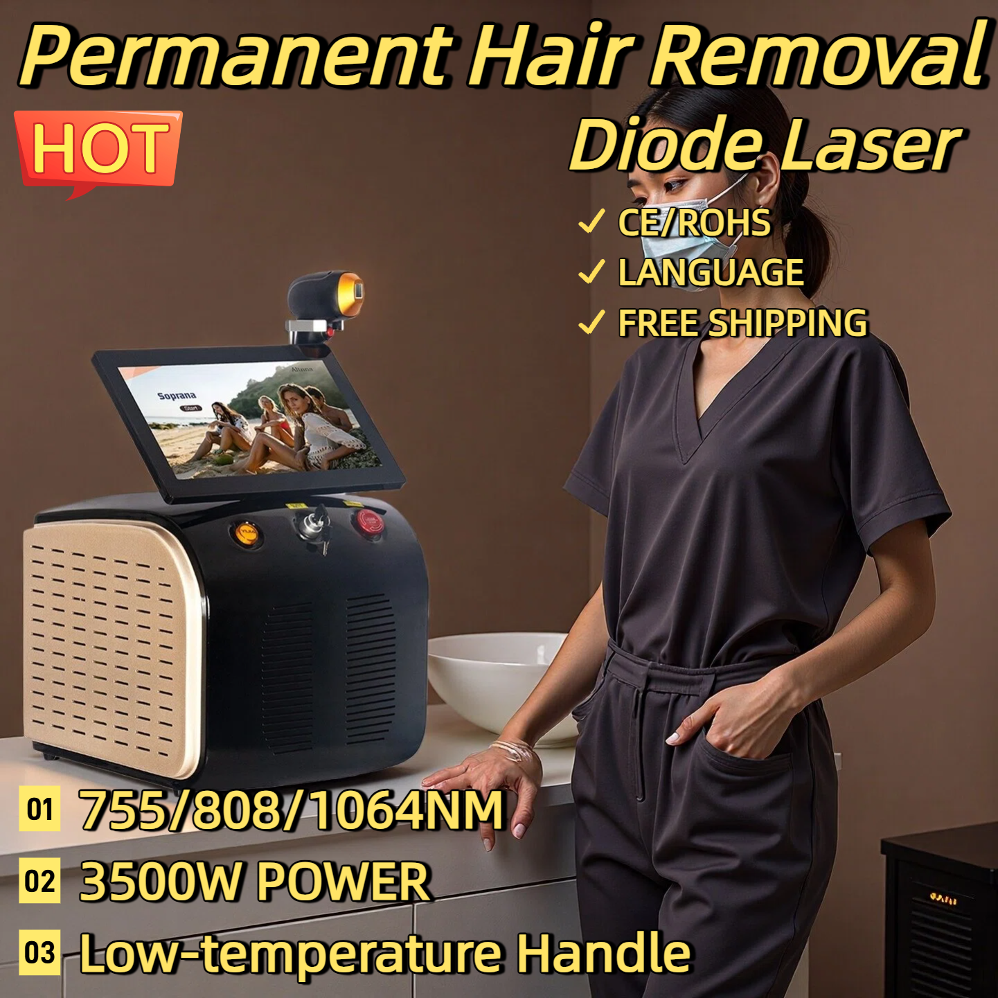 Portable High Power Ice Cooling Triple Laser 755 808 1064 Device Diode Laser 3 Wavelength Painless 808nm Hair Removal Machine CE-ROHS