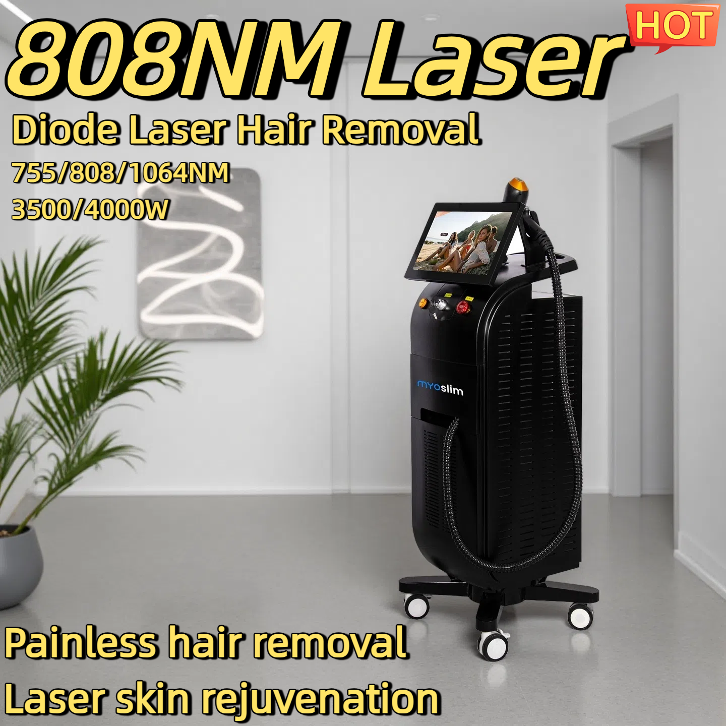 Hot Diode Laser Hair Removal Machines Professional 755nm-808nm-1064nm Painless Permanent Hair Removal Non-invasive Permanent Cooling Head Painless E