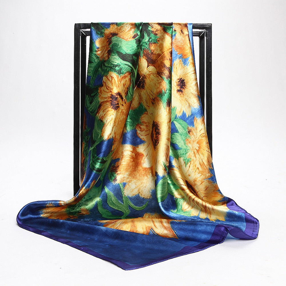 Fashion Sunflower Oil Painting Satin Head Square Scarf Women Imitated Silk Scarves Luxury Brand Large Size Shawl Wraps Hijab