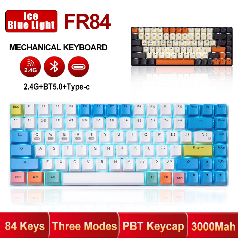 RF84 84 Keys Gaming Mechanical Keyboard BT 5.0-Type C-2.4G Wireless Keyboards PBT Keycap Blue-Brown Switch White Blue Light 3000