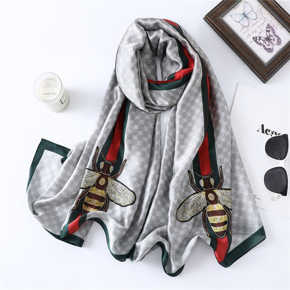 Long Silk Scarf Plaid Large Shawls Bee Print Brand Style Wraps Satin Femme Ladies Fashion Scarf
