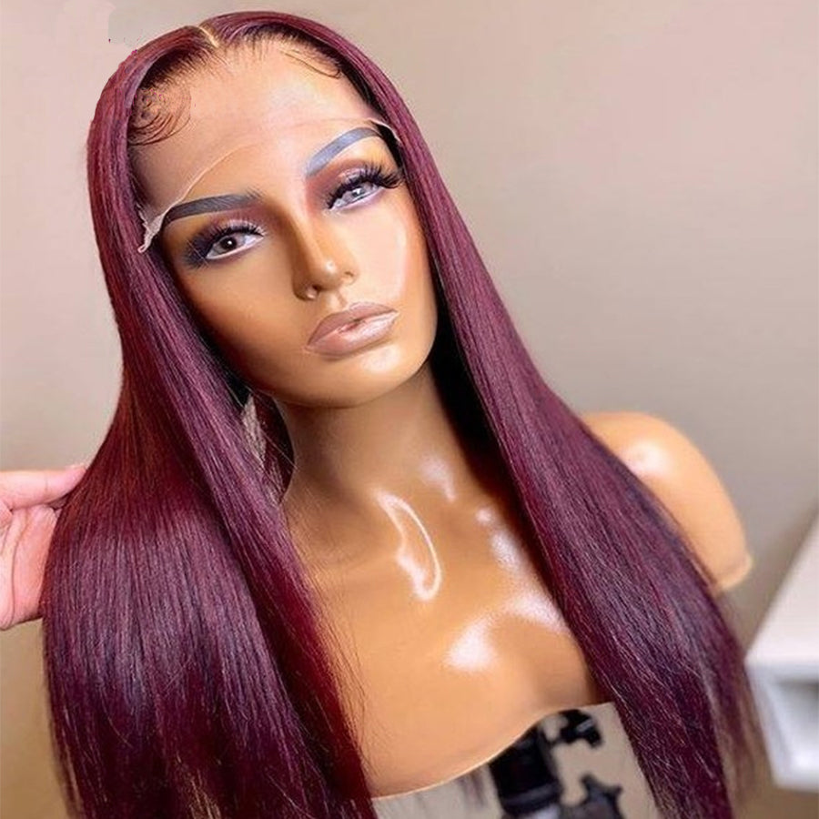Wine Red Colored Straight Lace Front Synthetic Wig For Women With Baby Hiar High Ressistant Daily Wig Preplucked Free Fast Ship