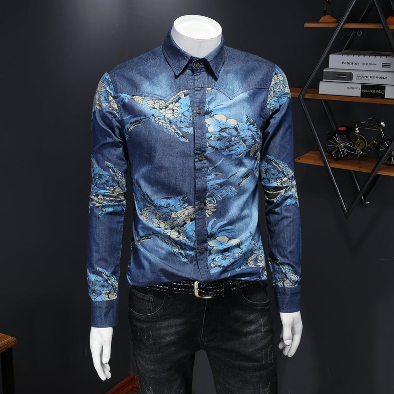 2022 spring new British style men&#039;s shirts slim Korean tops fashion trend youth denim floral long-sleeved shirts