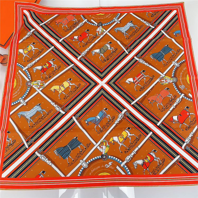 Manual Hand Rolled Twill Silk Scarf Women Belt Plaid Horse Square Scarves Fashion Versatile Echarpes Foulard Femme Wrap Lady Bandana Hijab 90CM*90Cm