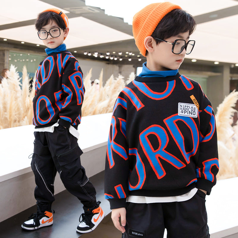 Boys Winter Sweatshirt Thicken Velvet Sweater Turtleneck Warm Print Letter Jumper Coats Kids Clothes Sweatshirt Outerwear Hoodie
